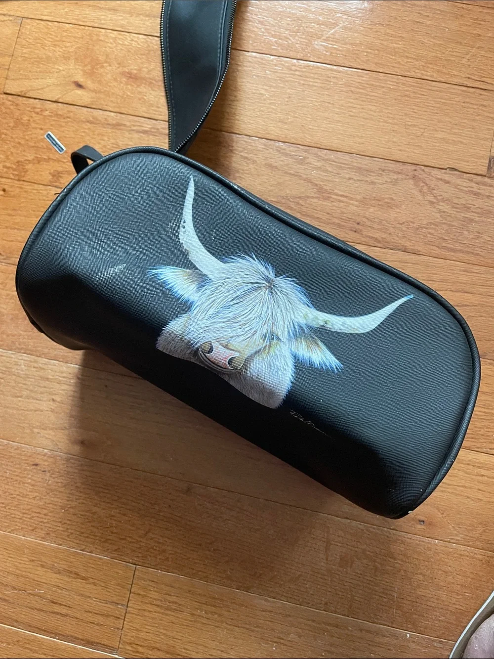Black Cosmetic Pouch with Highland Cow Illustration Rachel Brown